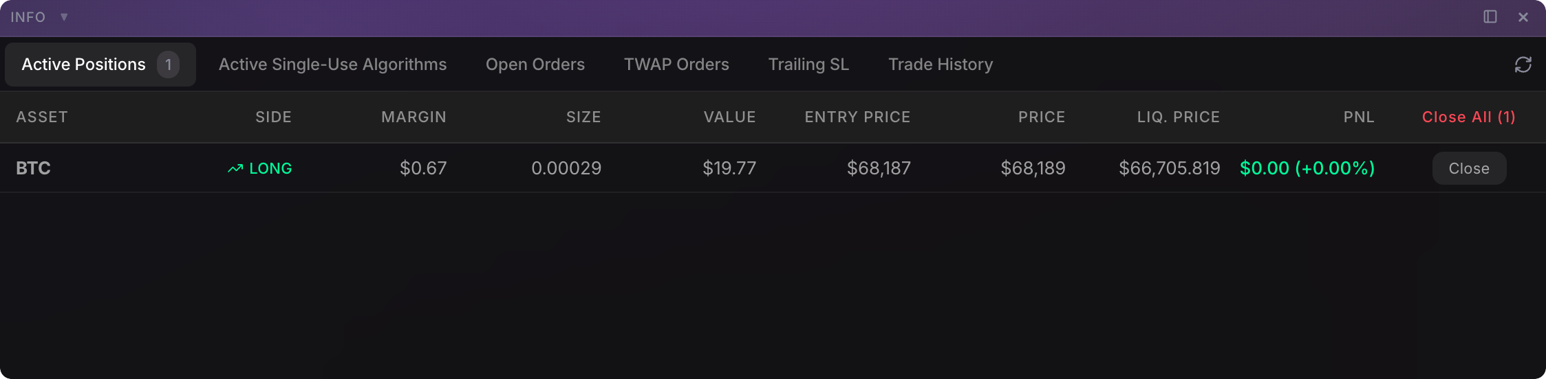 Active positions tab showing the new position