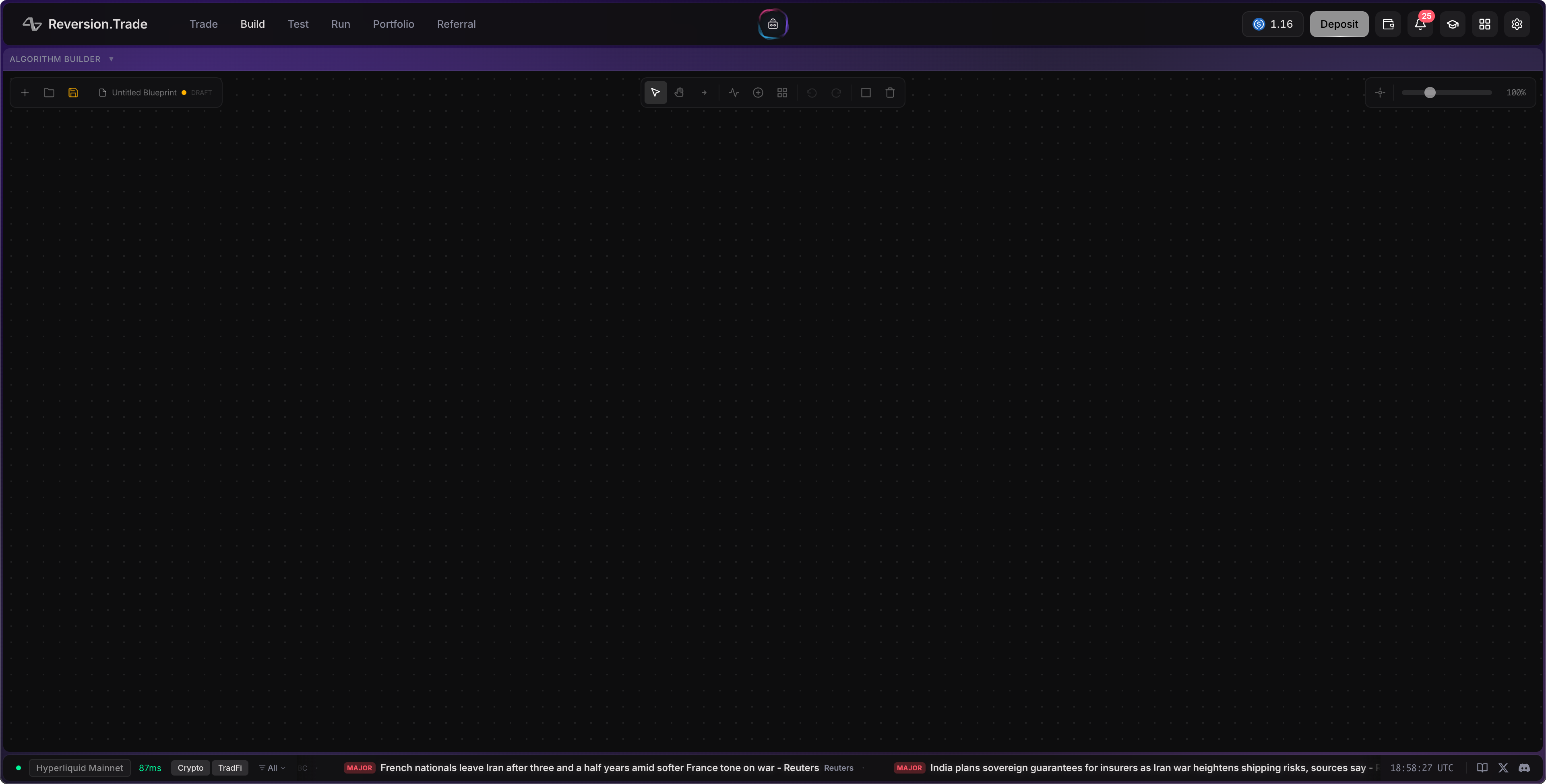 Build mode with empty canvas and toolbar