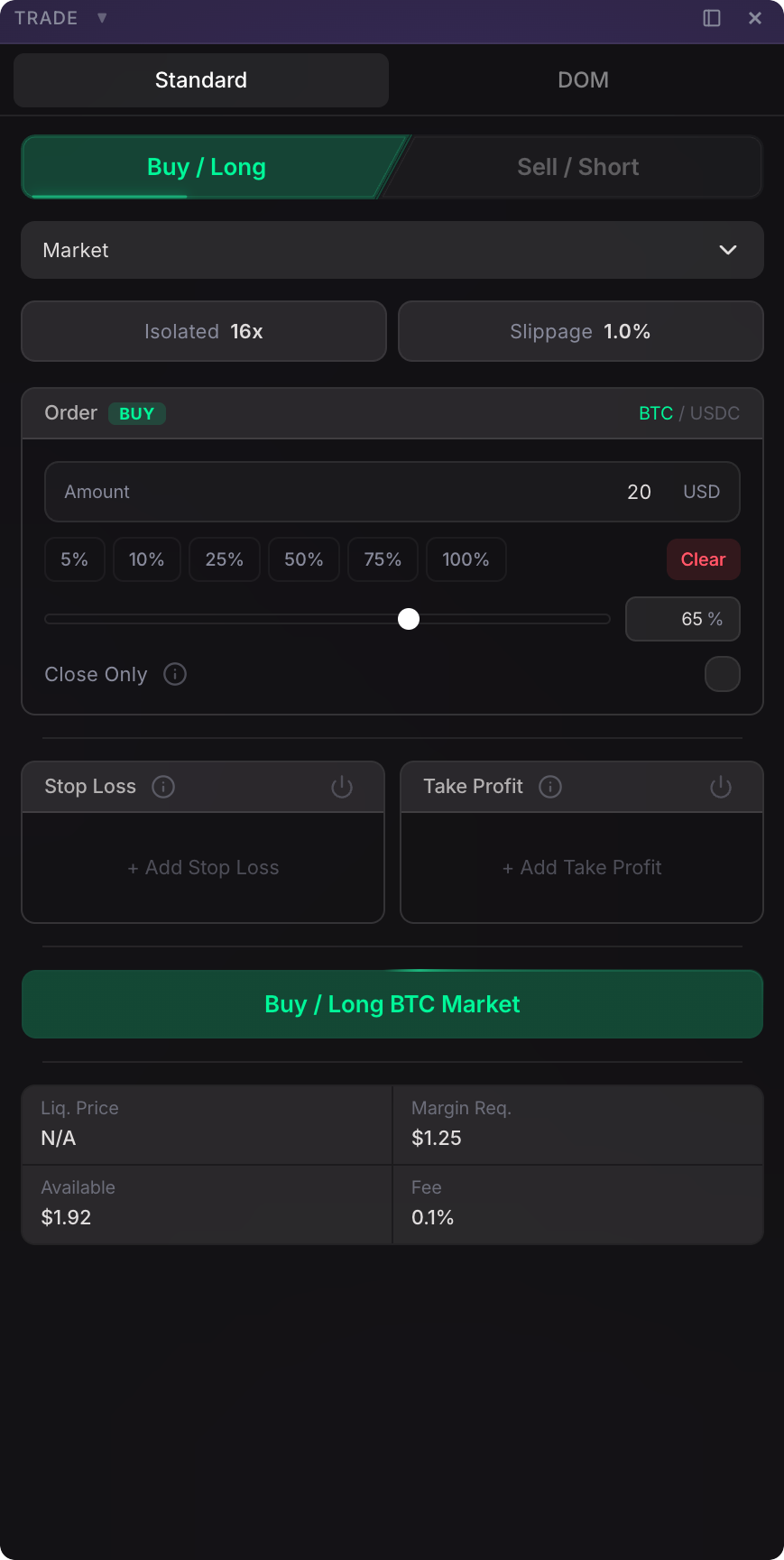 Market order form filled in with $20 buy