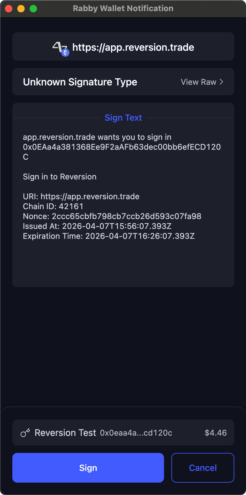 SIWE signature prompt in the wallet